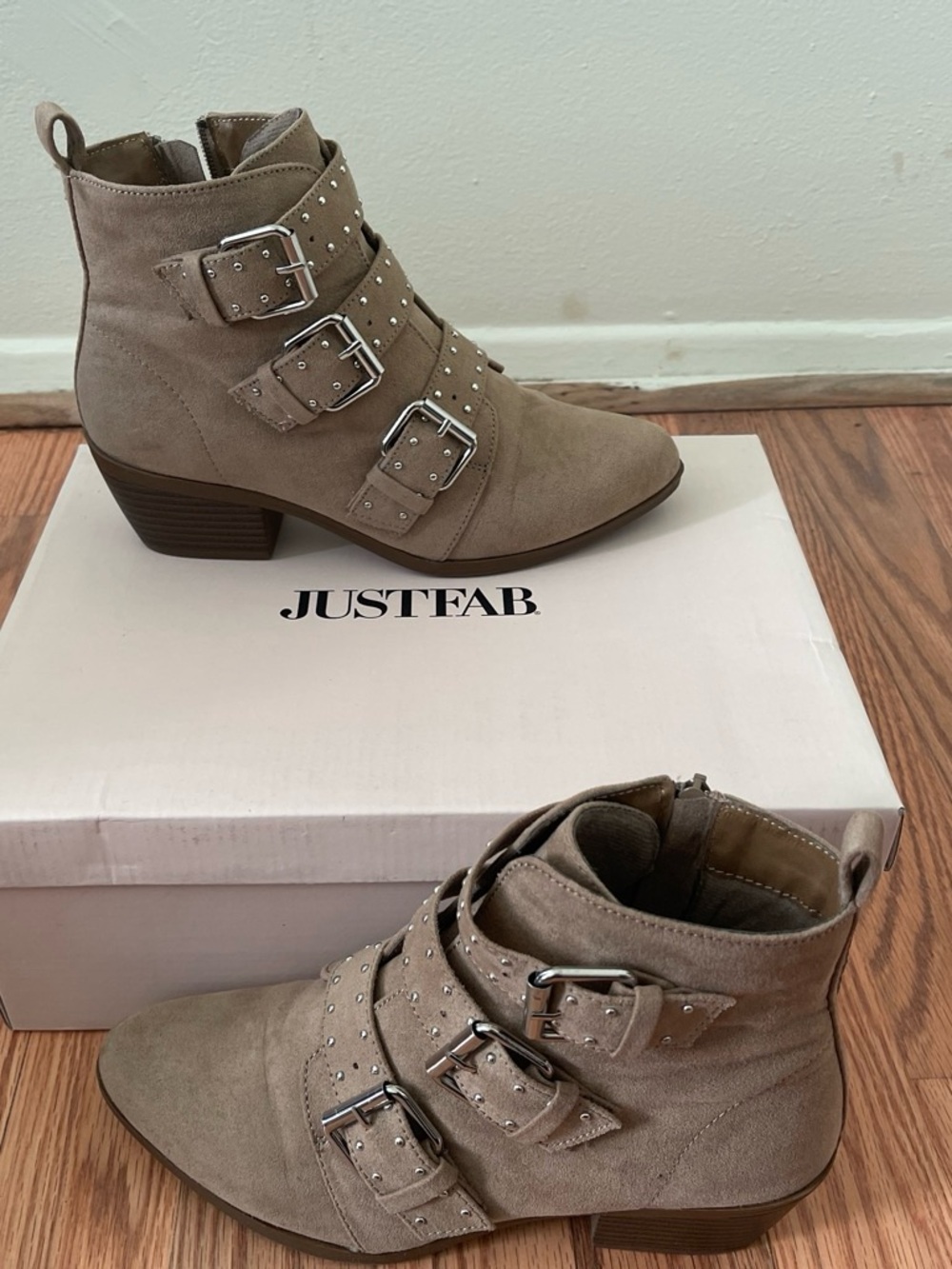JustFab Taupe Buckle Stud Suede Ankle Booties